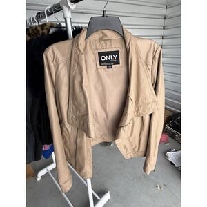 ONLY Womens Faux Leather Moto Jacket Tan Beige Open Front Size 40L Medium